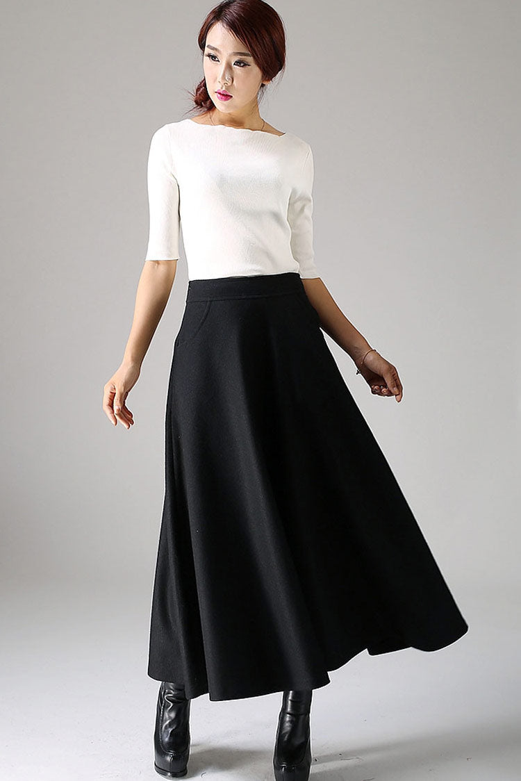 Black wool skirt maxi skirt women skirt 1088#