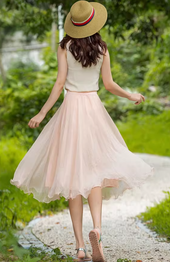 Midi elastic waist summer chiffon skirt 6187- Nude Pink