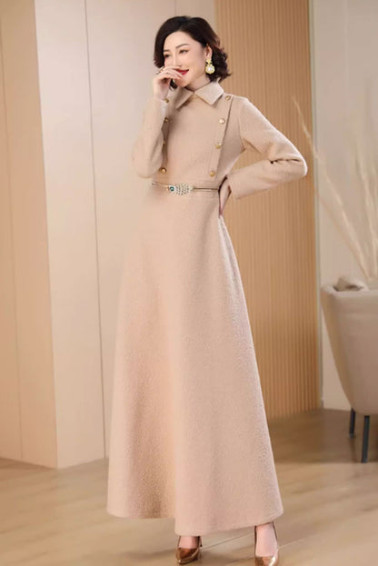 Beige Wool Maxi Dress - High Waist, Long Sleeve 4710