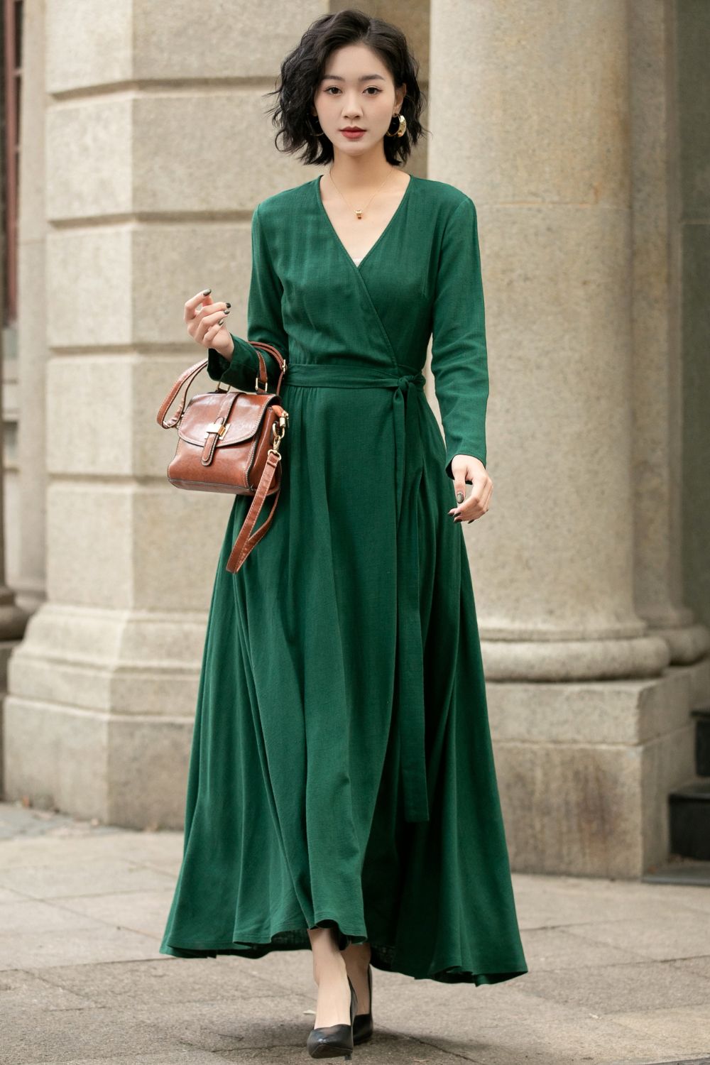 Green Wrap Linen Dress for Women 5673