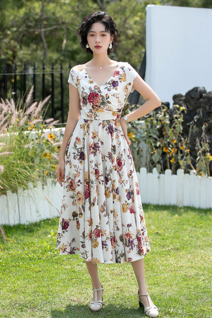 Floral Linen Cotton A-Line Midi Dress for Women 6738 - Size XS #CK2600264
