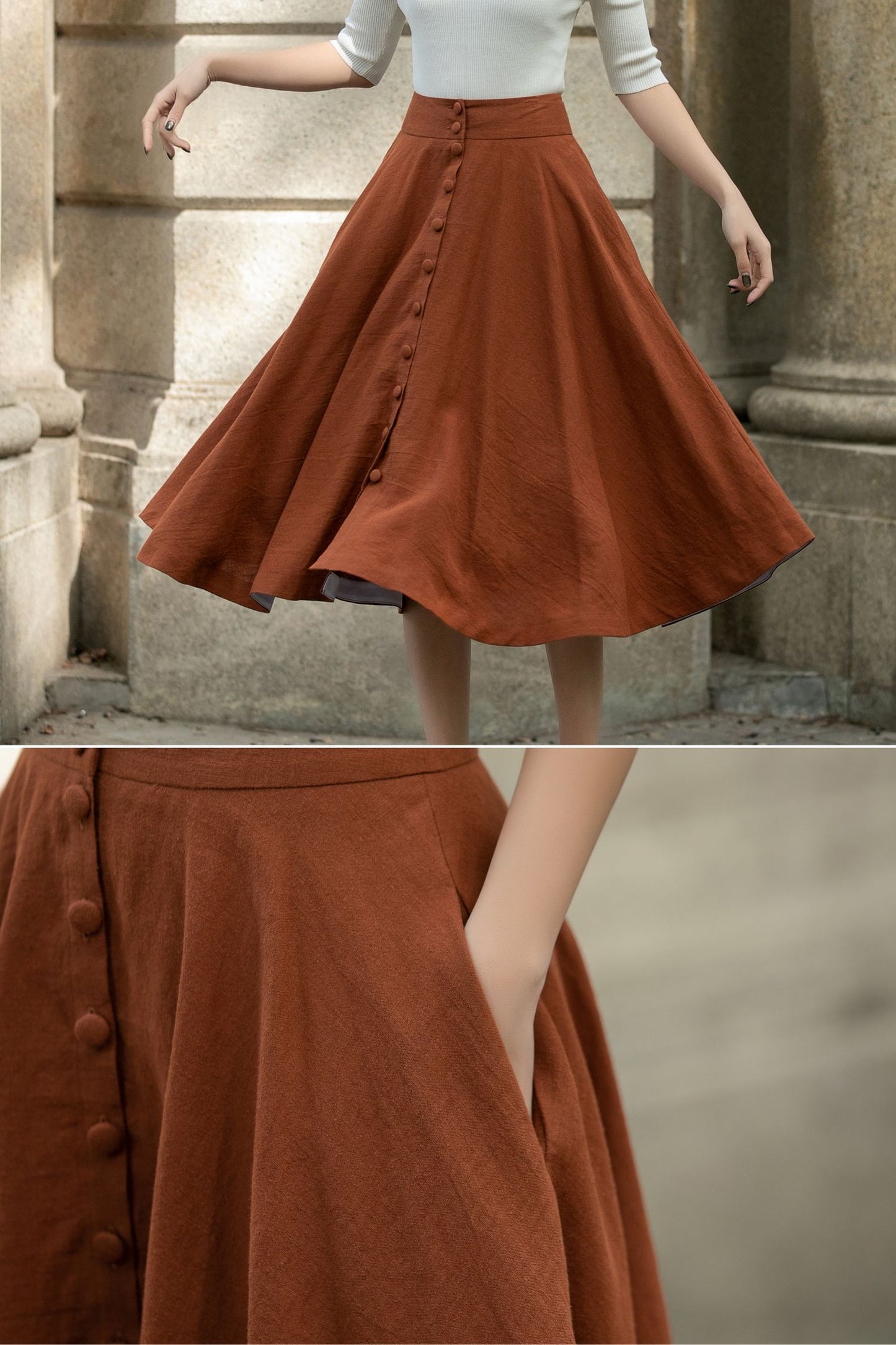 Button Down Midi Linen Skirt 5689