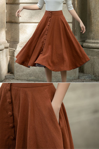 Handmade Linen Midi Skirt – Rust Brown Button Front Swing Skirt | Xiaolizi 5689