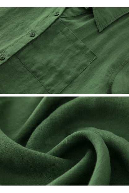 Green Linen Blouse - Loose Fit Vintage Collar Long Sleeve | Xiaolizi 5698