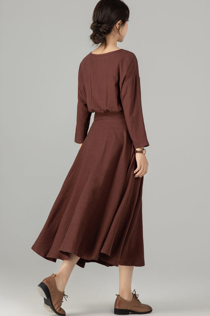 Brown Linen Cotton Midi Dress - Boat Neck, Belted Waist 5704