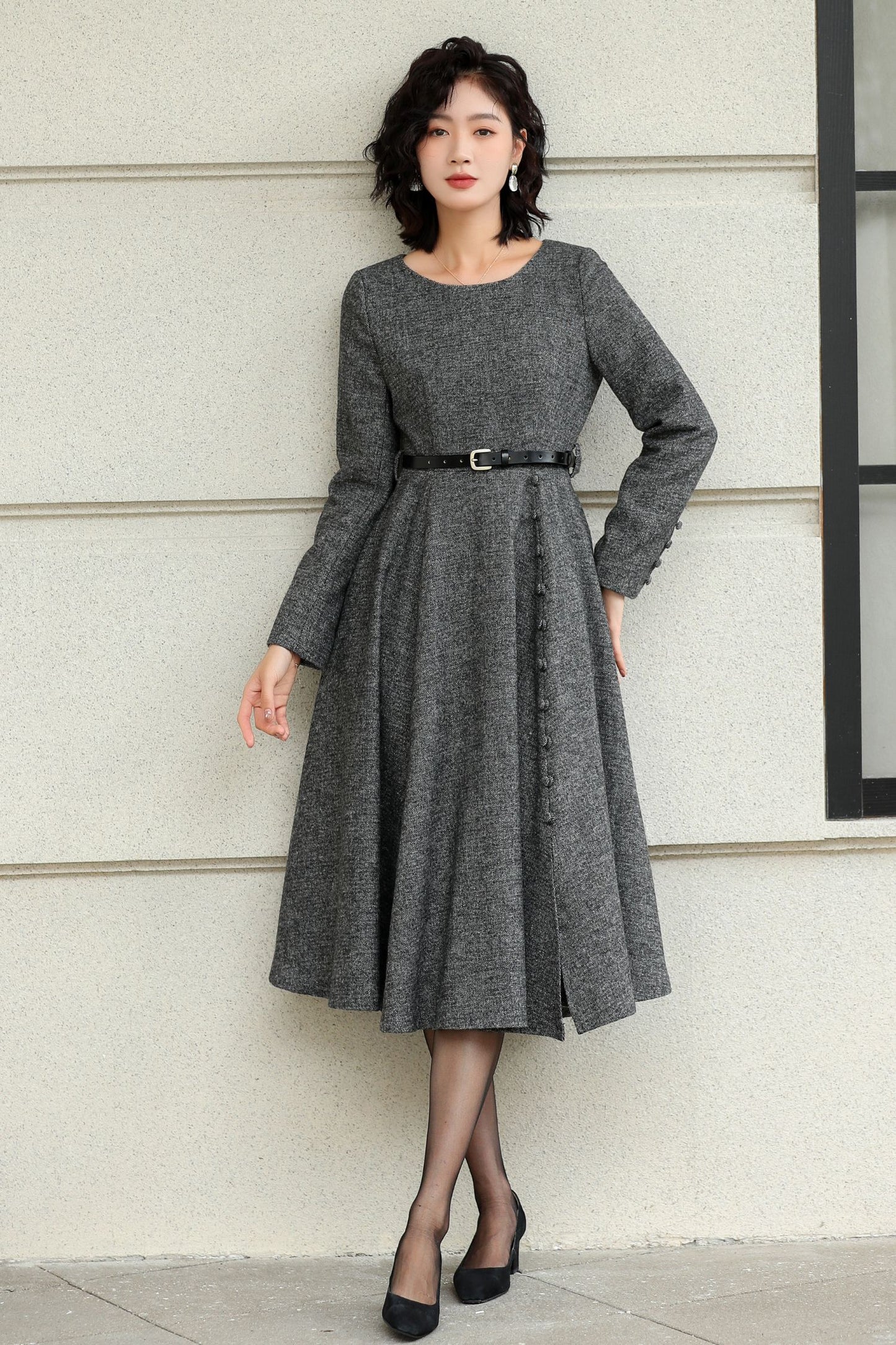 Classic Grey Wool Midi Dress with Button Detail 6423