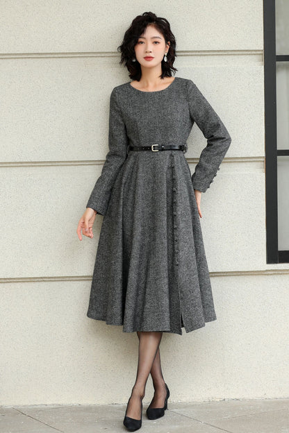 Grey Wool Midi Dress - Elegant A-Line Fit with Button Detail 6423