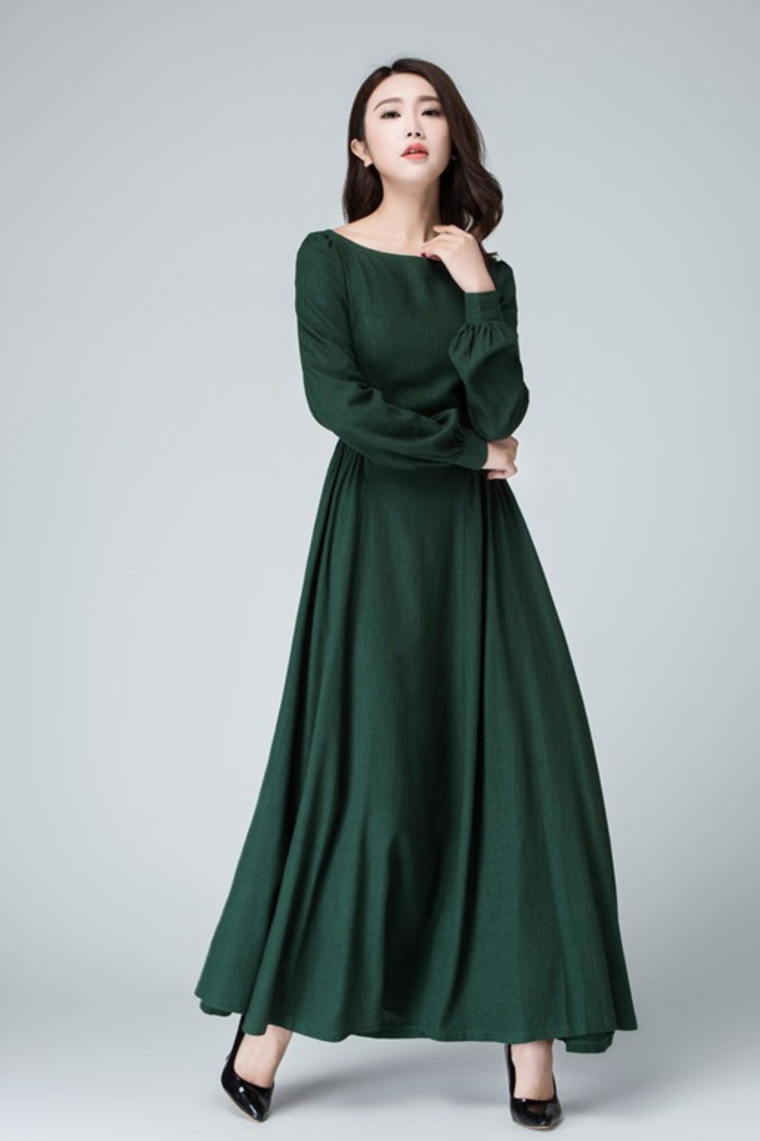 Dark Green Linen Cotton Maxi Dress Vintage Long Sleeve Boat Neck 1454 Emerald Green / XS Dark Green Linen Cotton Maxi Dress Vintage Long Sleeve Boat Neck 1454 Emerald Green / XS