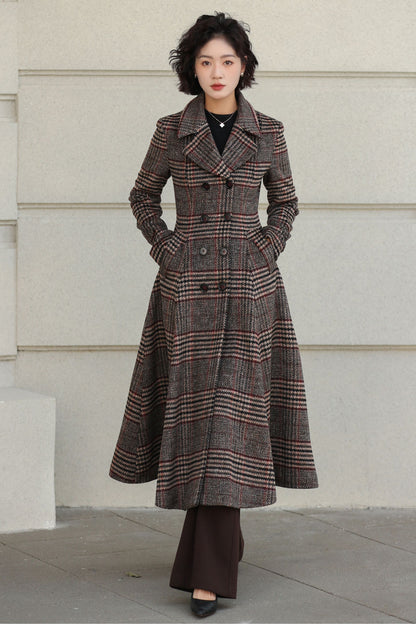 Plaid Wool Coat - Vintage Inspired Fit and Flare Long Double Breasted 6529