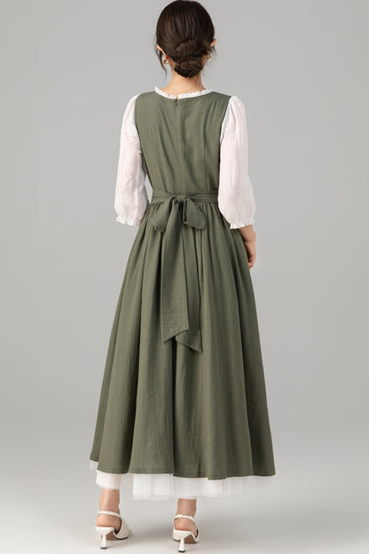 Army Green Linen Cotton Midi Dress - Square Neck Ruffle | Xiaolizi 5705