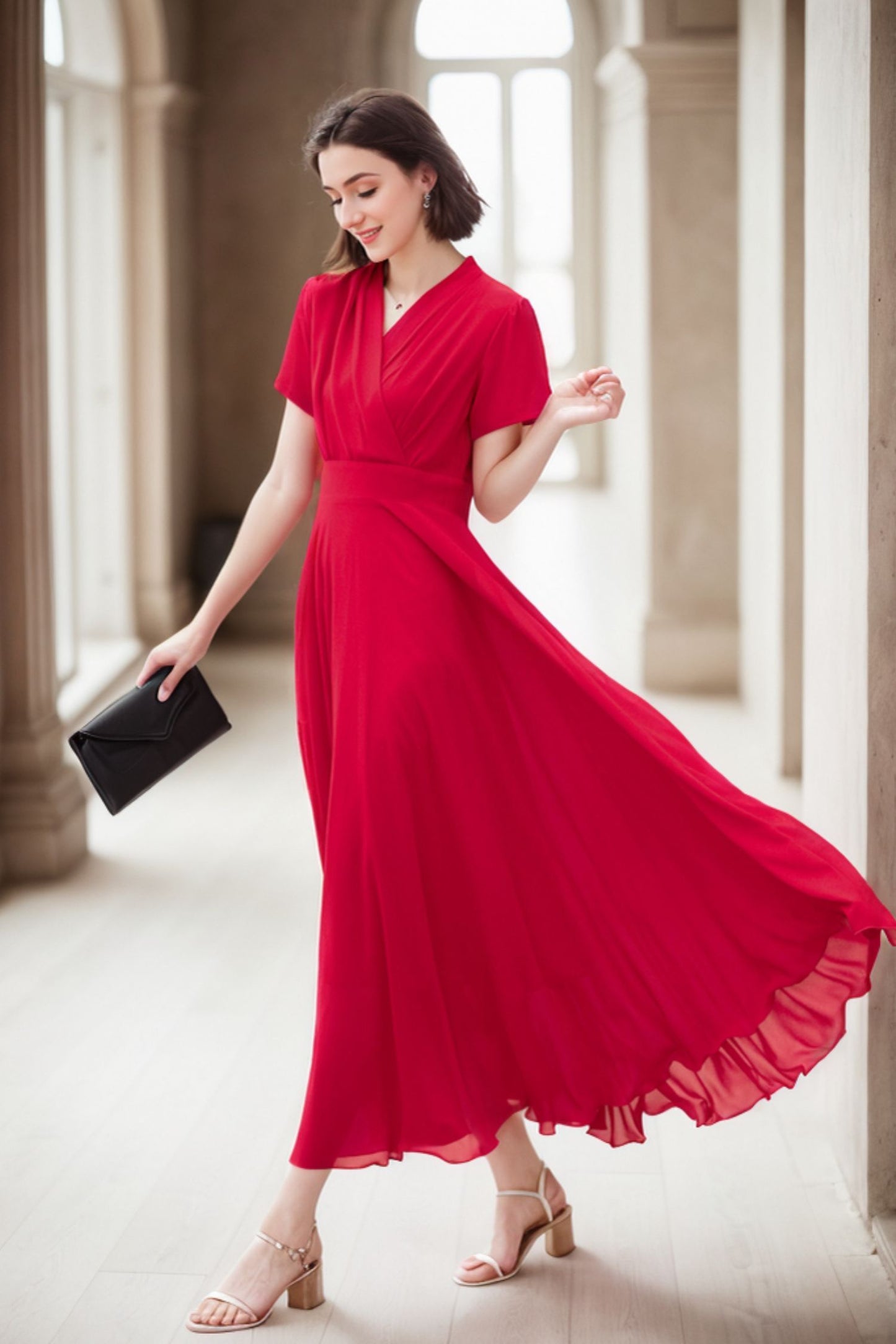 Red v neck prom summer swing chiffon dress 5174