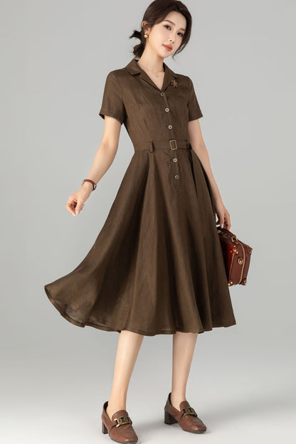 Coffee Linen Dress - Retro Midi Shirt Dress with Belted Waist 5711