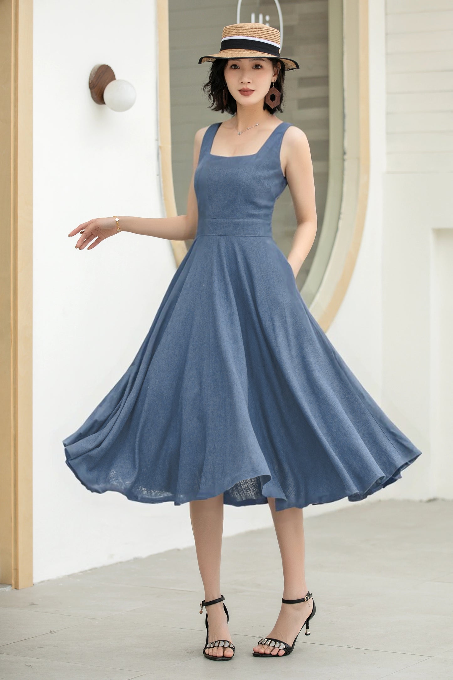 Stylish A-Line Linen Suspender Dress with Square Neckline | Xiaolizi 6071