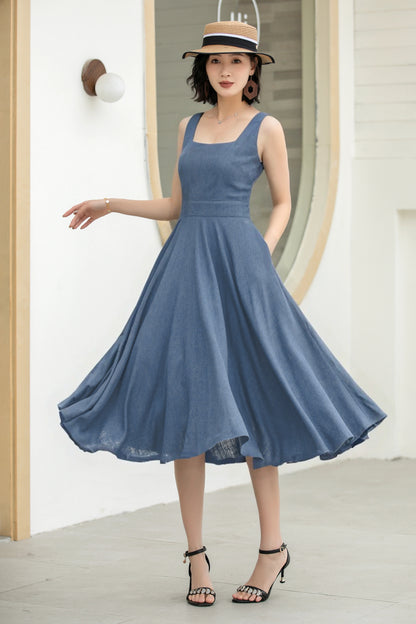 Stylish A-Line Linen Suspender Dress with Square Neckline | Xiaolizi 6071