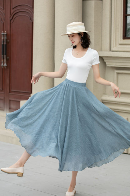 Blue Linen Cotton Midi Skirt - A-Line Swing | Xiaolizi 5150