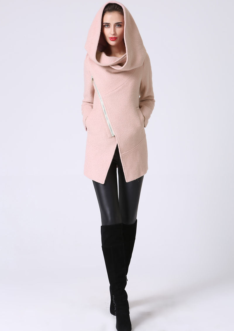 Pink Asymmetrical Wool Coat for Women – Oversized Hood Winter Jacket 1071