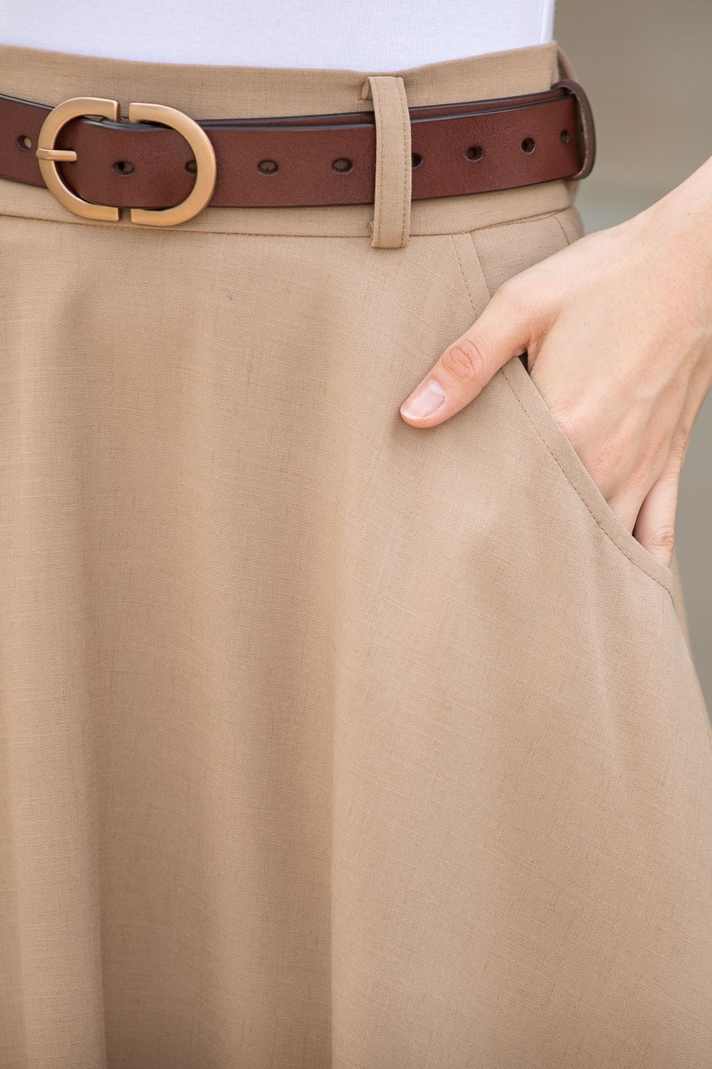 Khaki A line Swing Linen Maxi Skirt with Pockets  2780