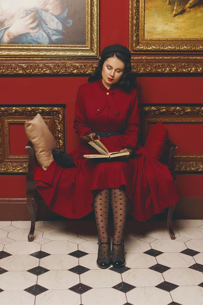 Burgundy Wool Fit & Flare Dress - A-Line Long Sleeve | Xiaolizi 4815