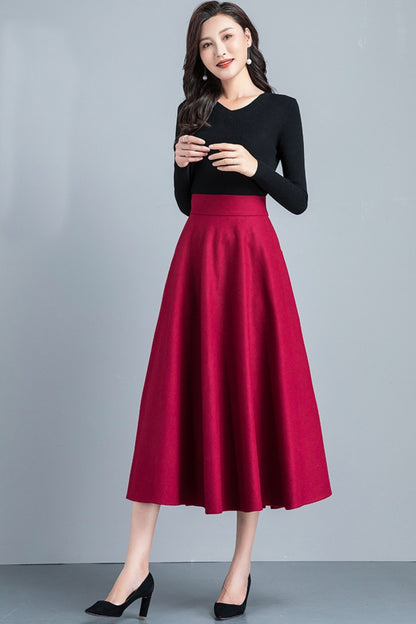 Handmade Wool Midi Skirt – Vintage A-Line High Waist with Pockets 6212
