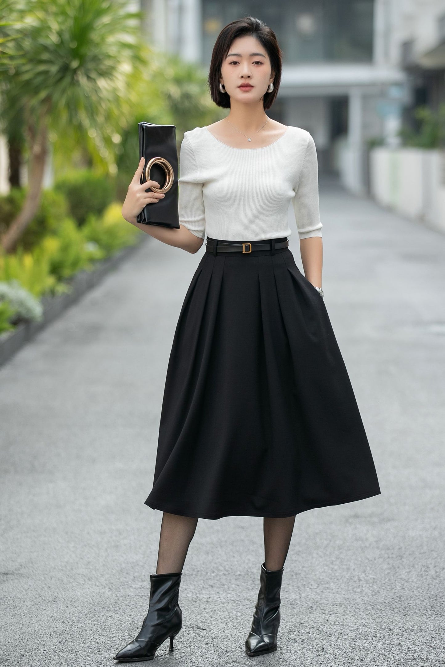 Handmade Black Pleated Midi Skirt – High Waist A-Line Office Skirt 6665 -size S #CK2600005