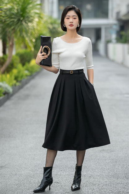 Handmade Black Pleated Midi Skirt – High Waist A-Line Office Skirt 6665 -size S #CK2600005