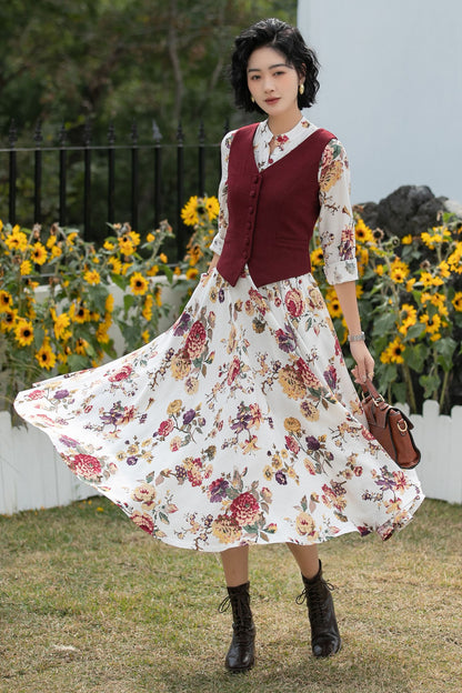 Xiaolizi Floral Linen Midi Dress – Vintage Mandarin Collar Shirt Dress 6691