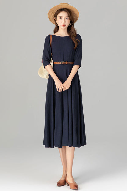 Navy Blue Linen Midi Dress – Vintage Boat Neck Fit & Flare Dress with Pockets | Xiaolizi 4906