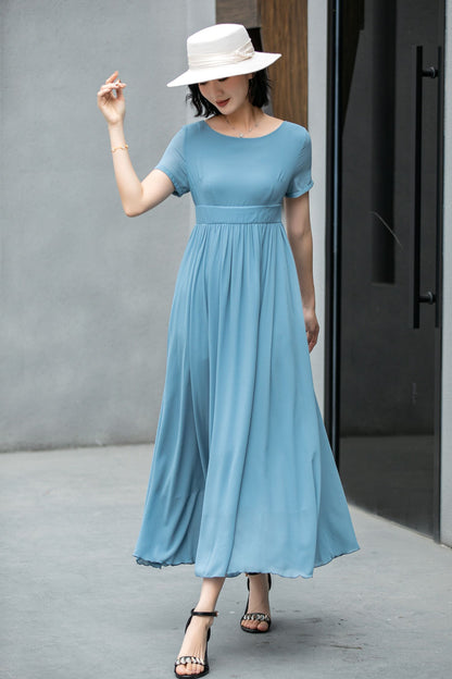 Hight waist Blue chiffon maxi dress 5862