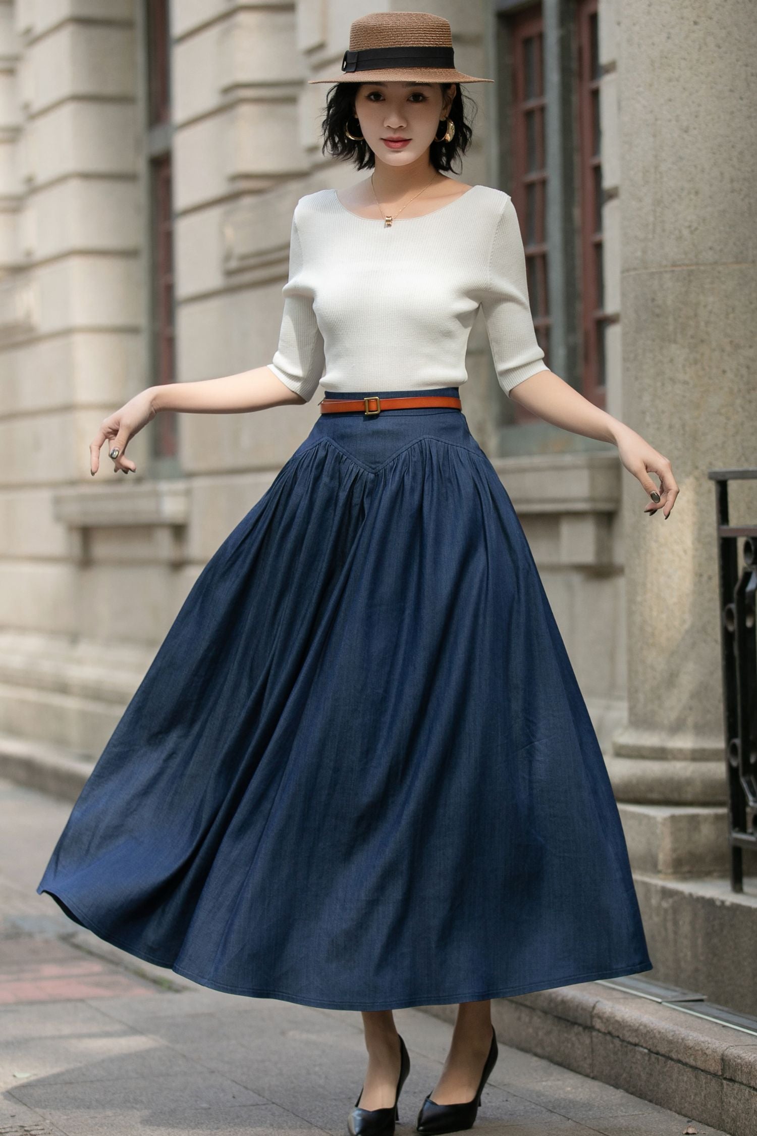 Navy Blue Denim Maxi Pleated Skirt 56881