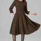 Brown Plaid Wool Dress – Vintage Fit & Flare Midi with 3/4 Sleeves | Xiaolizi 6393