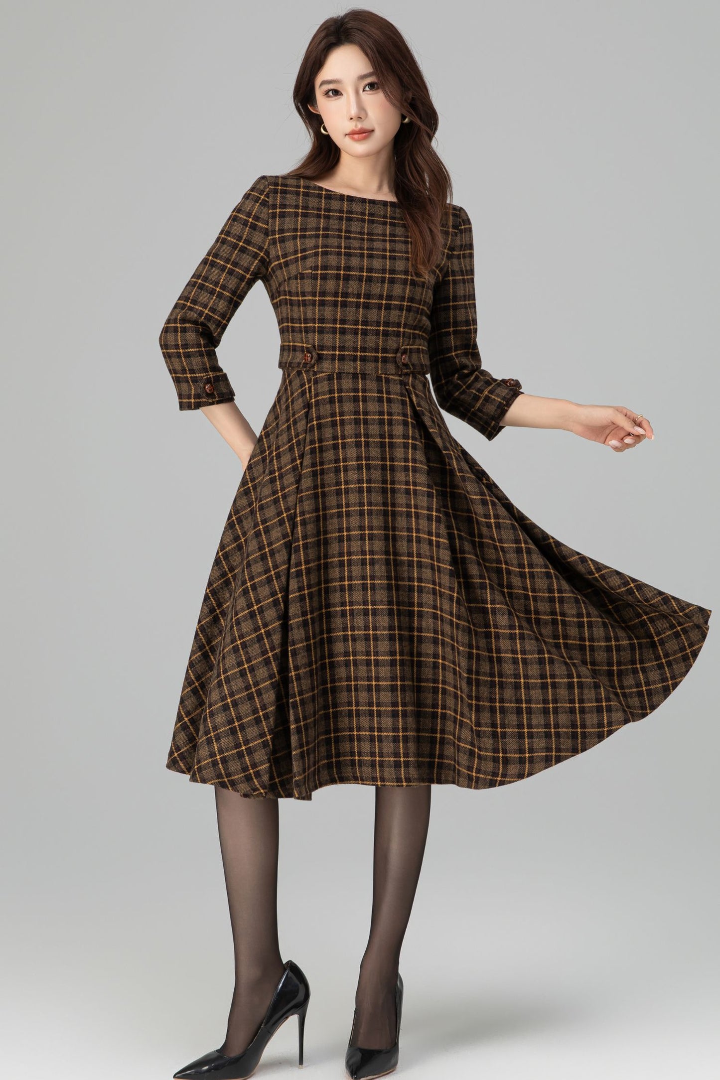 Brown Plaid Wool Dress – Vintage Fit & Flare Midi with 3/4 Sleeves | Xiaolizi 6393