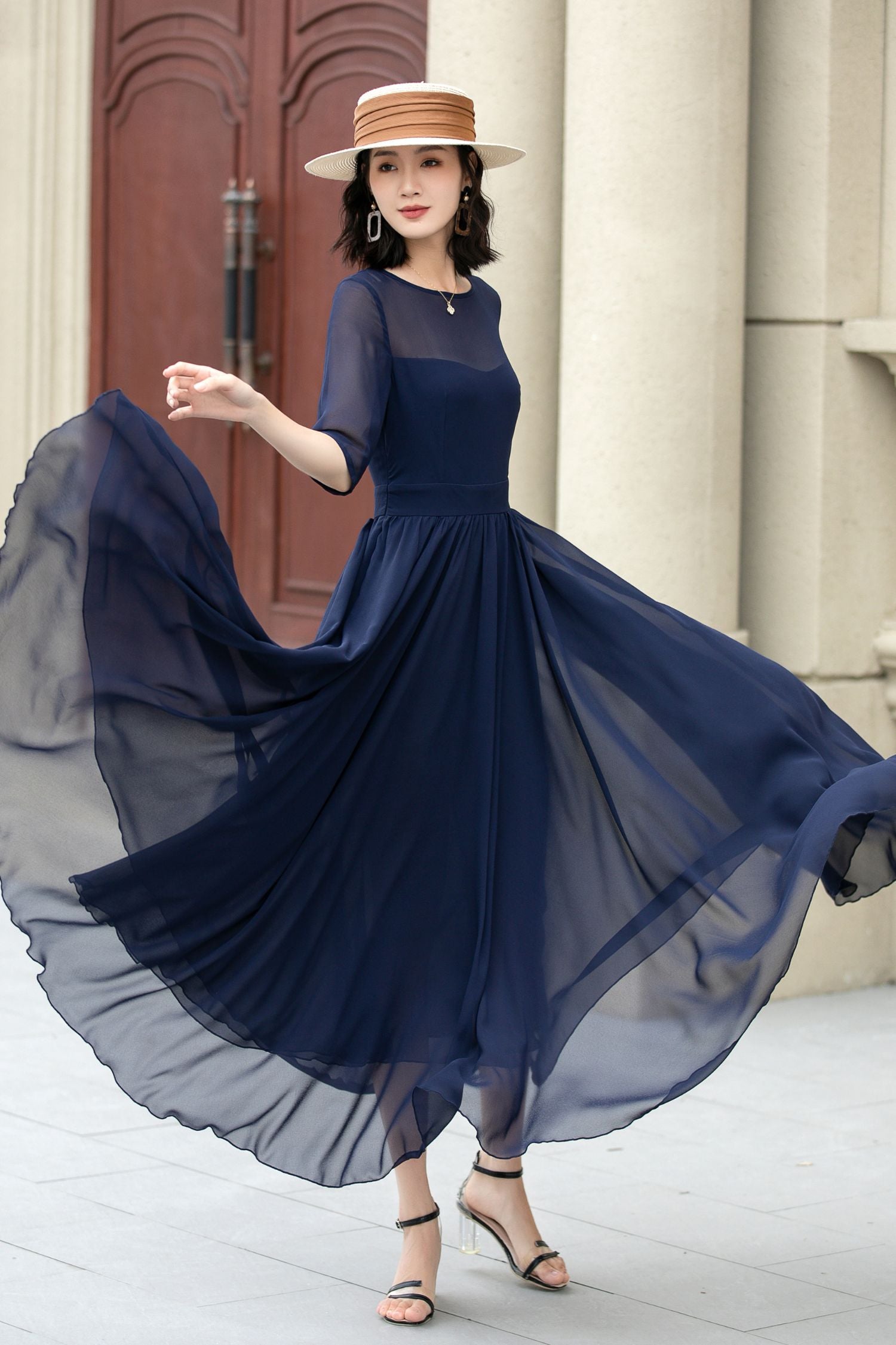 Fit and Flare Dark Blue Chiffon dress 5143 - Main Image