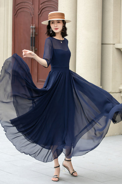 Fit and Flare Dark Blue Chiffon dress 5143