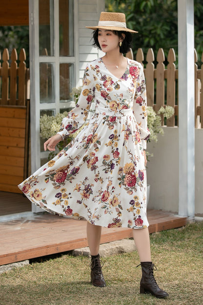 Xiaolizi Floral Linen Midi Dress – Vintage V Neck Swing 6692