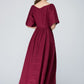 Burgundy midi summer womens linen dress 1573