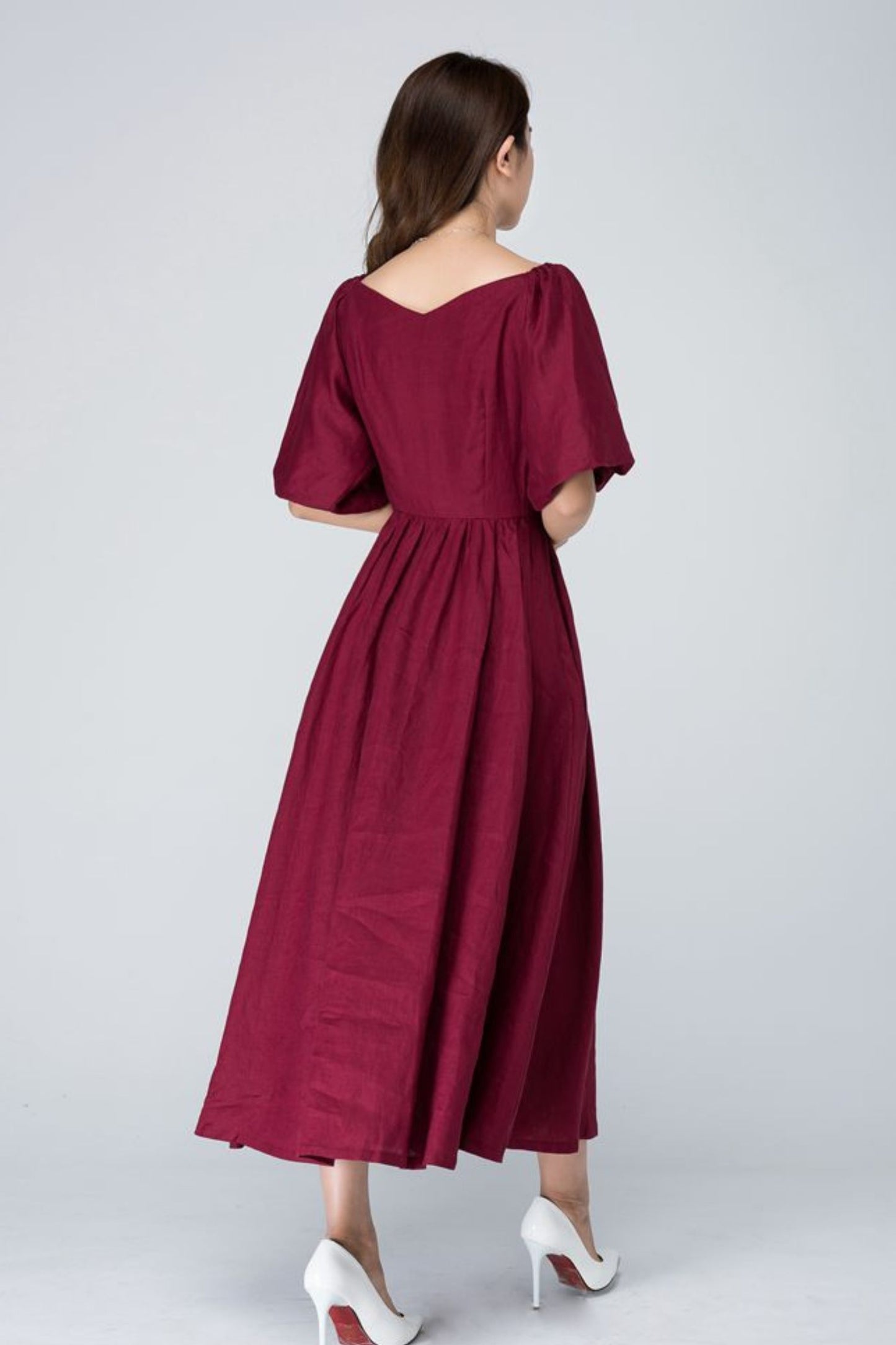 Burgundy midi summer womens linen dress 1573