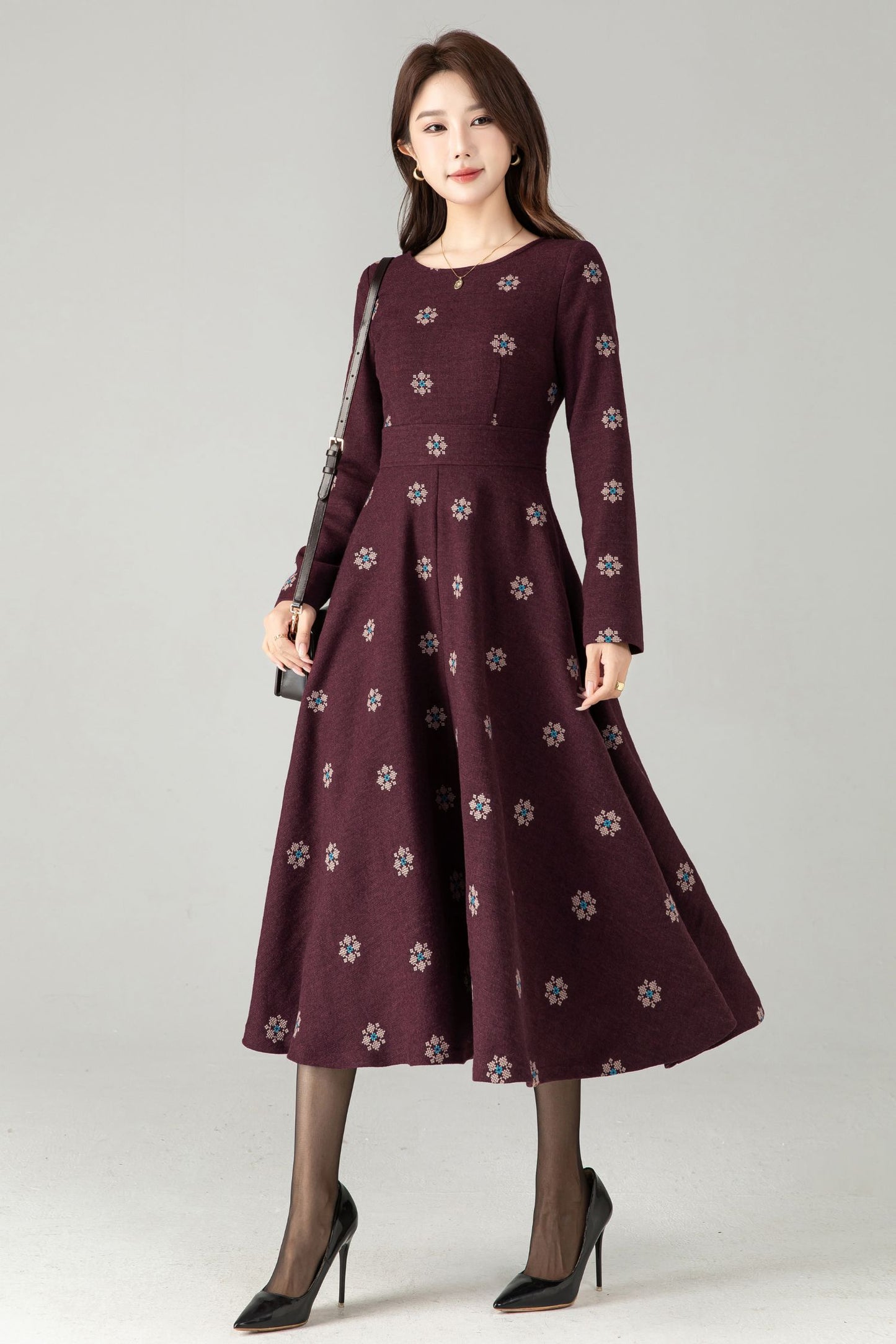 Burgundy Embroidered Wool Midi Dress – Fit & Flare Winter Swing Dress | Xiaolizi 6569
