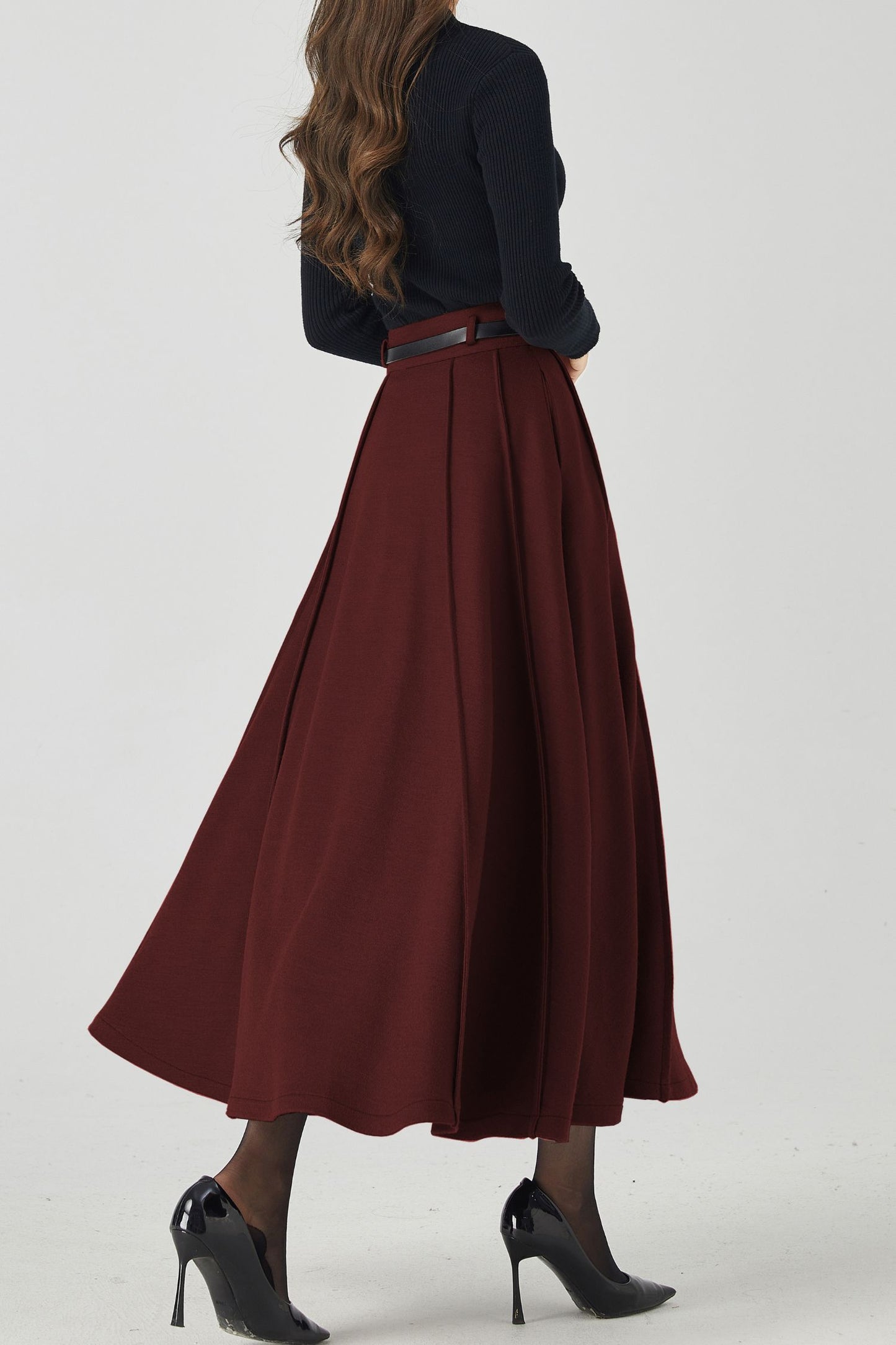 Burgundy Wool Midi Skirt – Vintage High Waist A-Line Winter Skirt with Pockets 6332