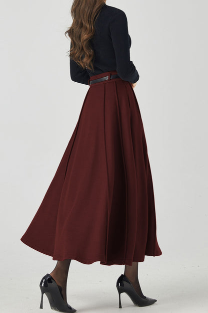 Burgundy Wool Midi Skirt – Vintage High Waist A-Line Winter Skirt with Pockets 6332