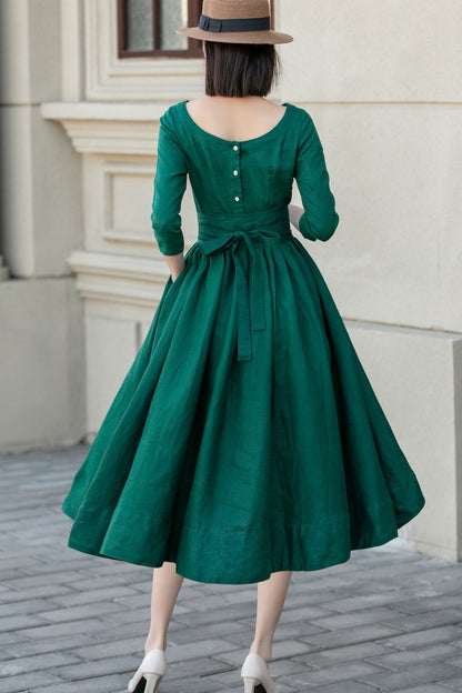 Emerald Green Linen Midi Dress - Bow Tie Waist Pockets | Xiaolizi 5721