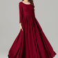Burgundy prom high waisted spring linen dress 4924