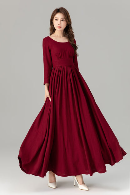 Burgundy Linen Maxi Dress - High Waisted, Flowing Silhouette 4924