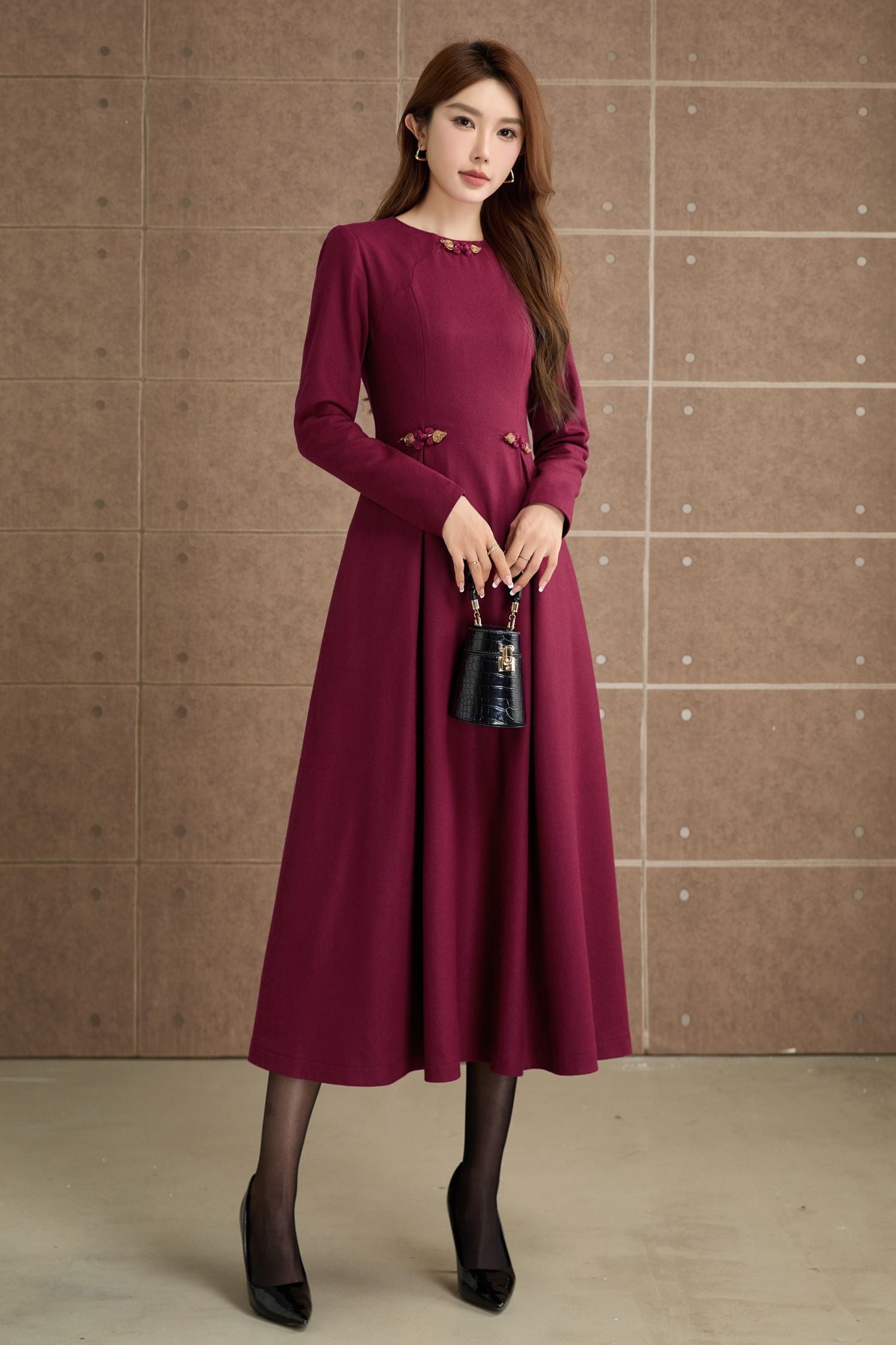 Burgundy Wool Midi Dress - Long Sleeves, Fit and Flare Silhouette 5358