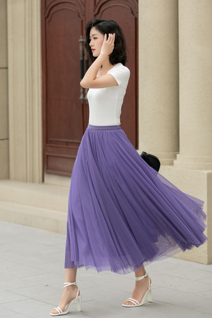 Purple Tulle Midi Skirt - Elastic Waist Boho Circle Swing | Xiaolizi 5111