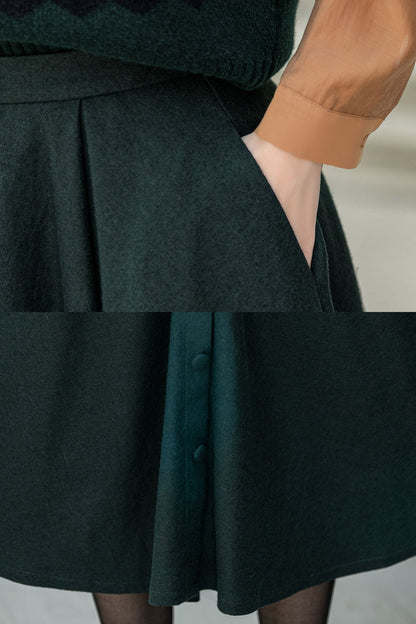 Dark Green Wool Midi Skirt - Flared A-Line with Elastic Waist 5311