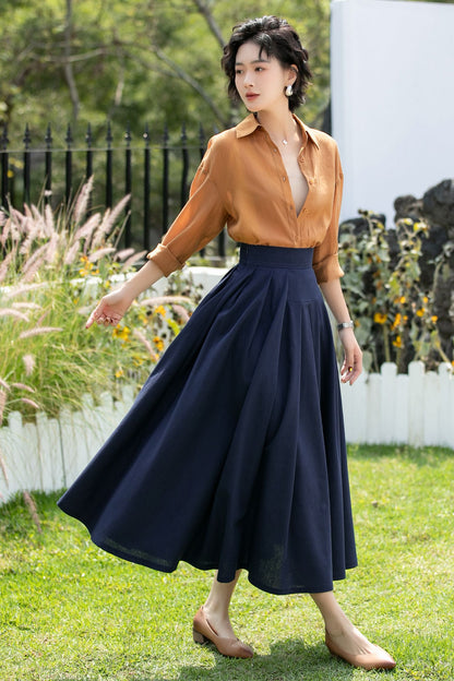 Deep Navy Linen Cotton Midi Skirt High Waist | Xiaolizi 6736- Size XS #CK2600283