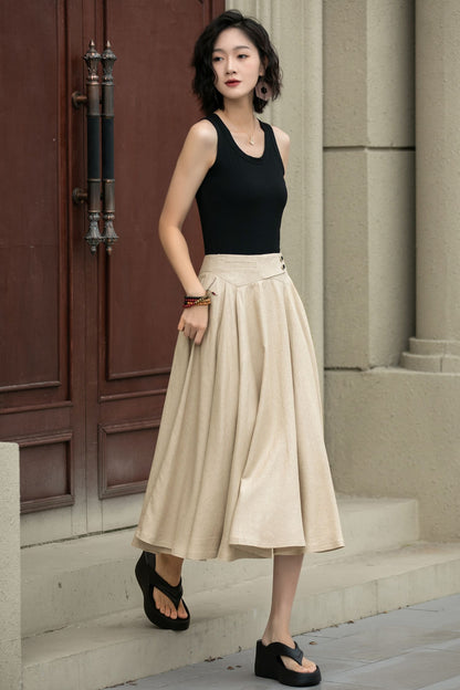 Handmade Linen Swing Skirt – High Waist Pleated Midi Skirt for Spring Summer 5238