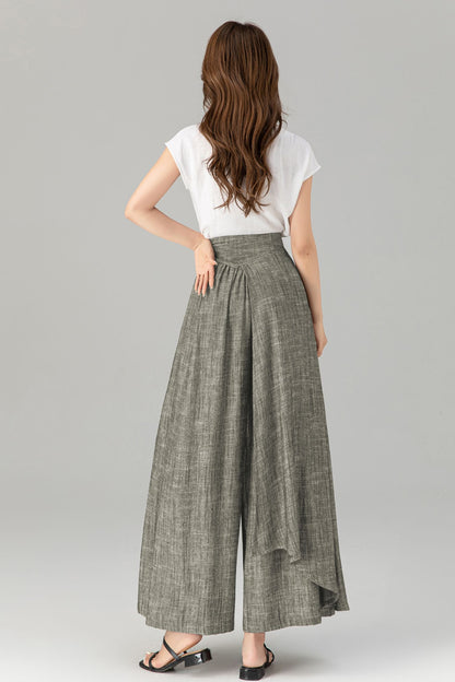 Gray Linen Wide Leg Wrap Pants - Flowing Tie Waist Detail 5749