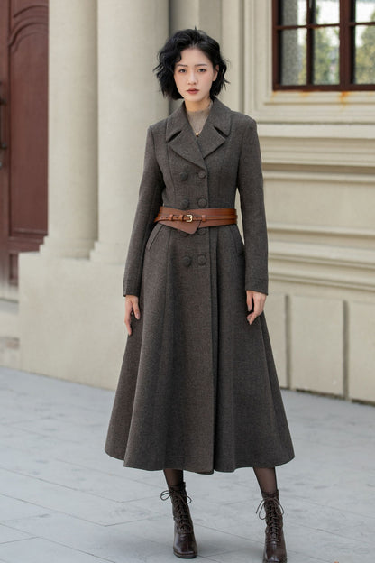 Chocolate Brown Wool Maxi Coat – Vintage Double Breasted Winter Overcoat 5460