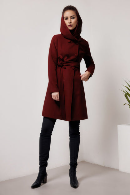 Red Wool Coat - Hooded Double Breasted Tie Waist 5612